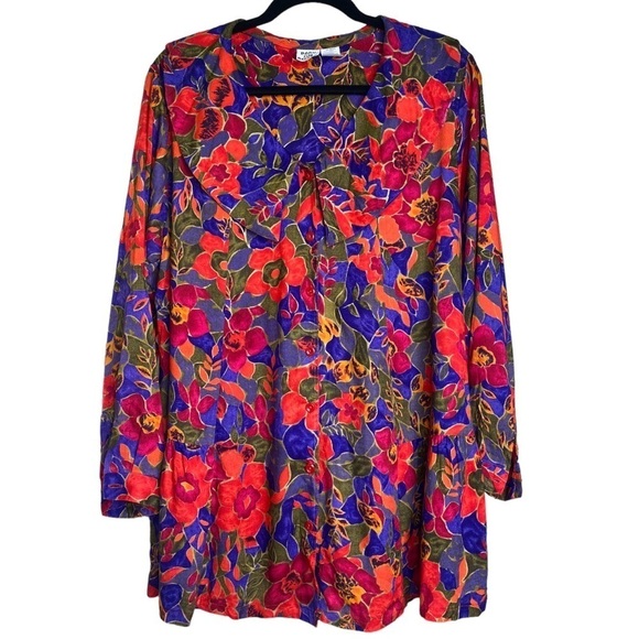 Vintage Oversized Collar Long Sleeve Red Floral Tunic Sz Med - Picture 1 of 7